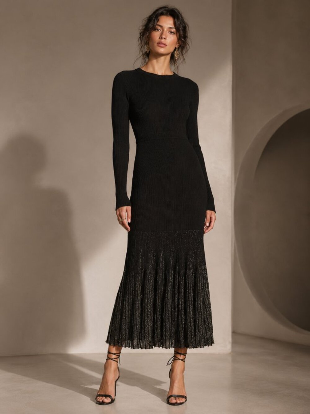 MOON RIVER Black Shimmer Long Sleeve Rib Knit Midi Dress NEW NWT